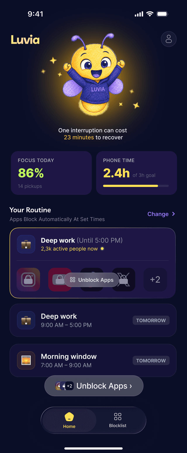 Luvia home — focus 86% today, Deep work blocking Instagram, YouTube and TikTok until 5 PM
